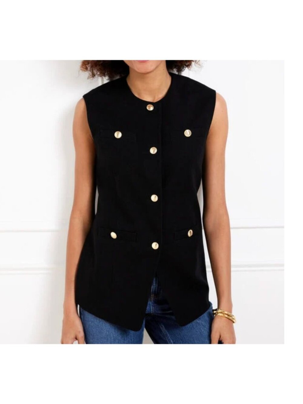 Talbots Size 16 Black Textured Longline Vest Gold Button Sleeveless Blazer